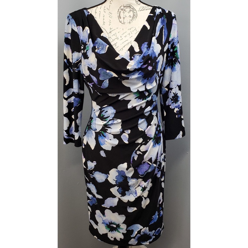 Lauren Ralph Lauren Pencil Dress Womens 8 Multicolor Floral Cowl Neck Ruched